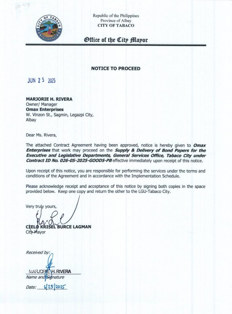 Notice to Proceed: Supply & Delivery of Bond Papers for the Executive & Legislative Departments, General Services Office, Tabaco City under Contract ID No. 026-05-2025-GOODS-PB