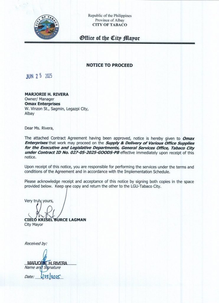 Notice to Proceed: Supply & Delivery of Various Office Supplies for the Executive & Legislative Departments, General Services Office, Tabaco City under Contract ID No. 027-05-2025-GOODS-PB