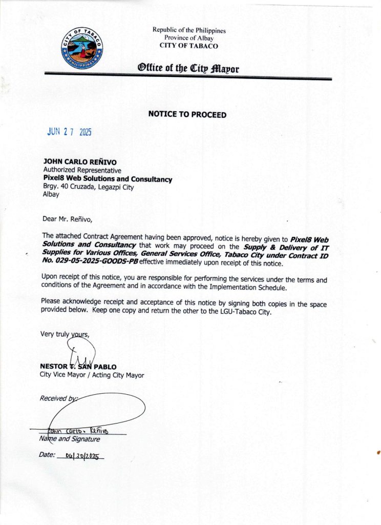Notice to Proceed: Supply & Delivery of IT Supplies for Various Offices, General Services Office, Tabaco City under Contract ID No. 029-05-2025-GOODS-PB