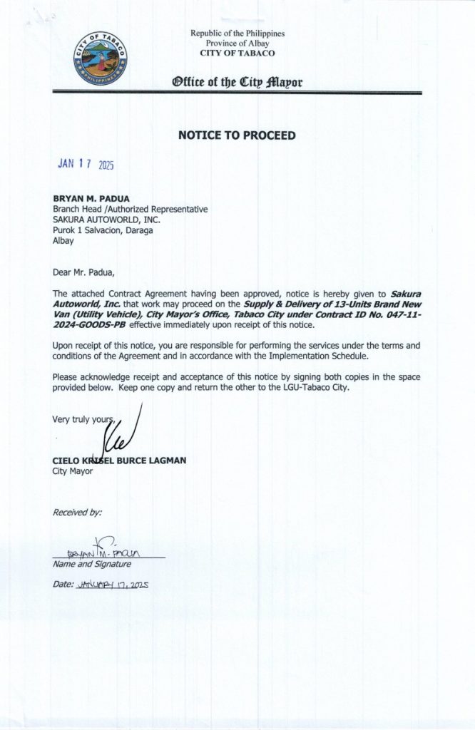NOTICE TO PROCEED: Supply & Delivery of 13-Units Brand-New Van (Utility Vehicle) City Mayor’s Office, Tabaco City, Contract ID No. 047-11-2024-GOODS-PB