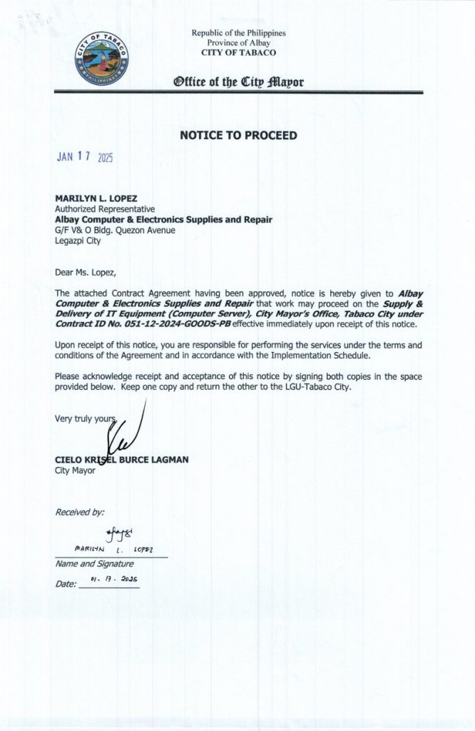 NOTICE TO PROCEED: Supply & Delivery of IT Equipment (Computer Server), City Mayor’s Office, Tabaco City, Contract ID No. 051-12-2024-GOODS-PB