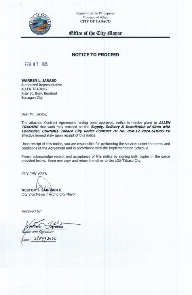 NOTICE TO PROCEED: Supply, Delivery & Installation of Siren with Controller CDRRMO, Tabaco City, Contract ID No. 054-12-2024-GOODS-PB