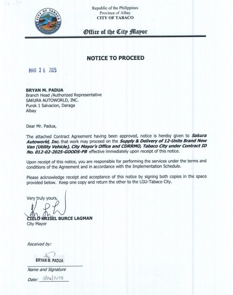 Notice to Proceed: Supply & Delivery of 12-Units Brand New Van (Utility Vehicle), City Mayor’s Office & CDRRMO, Tabaco City under Contract ID No. 012-02-2025-GOODS-PB