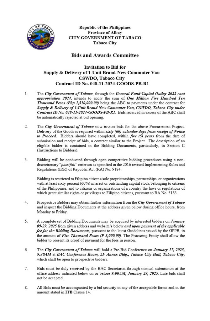 Invitation to Bid: Supply & Delivery of 1-Unit Brand-New Commuter Van CSWDO, Tabaco City, Contract ID No. 048-11-2024-GOODS-PB-R1