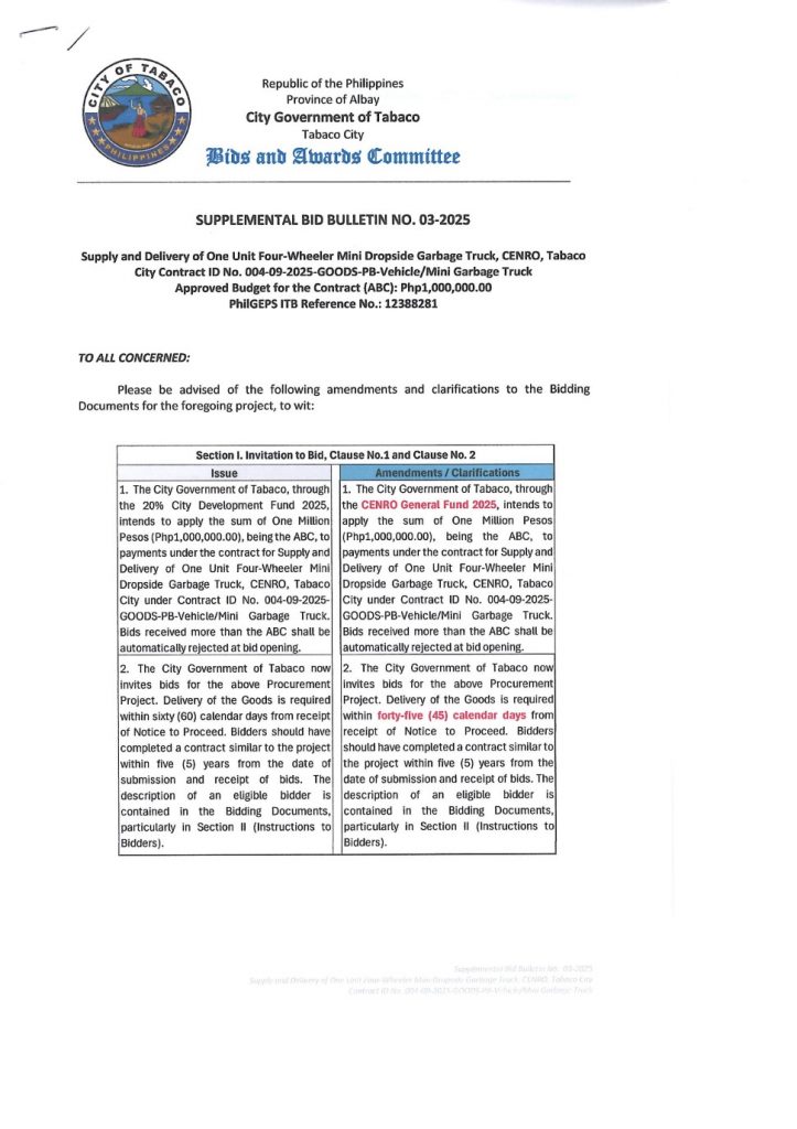 SUPPLEMENTAL BID BULLETIN NO. 03-2025 Supply and Delivery of One Unit Four-Wheeler Mini Dropside Garbage Truck, CENRO, Tabaco City Contract ID No. 004-09-2025-GOODS-PB-Vehicle/Mini Garbage Truck Approved Budget for the Contract (ABC): Php1,000,000.00 PhilGEPS ITB Reference No.: 12388281
