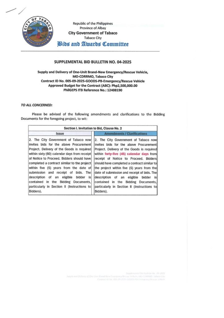 SUPPLEMENTAL BID BULLETIN NO. 04-2025 Supply and Delivery of One-Unit Brand-New Emergency/Rescue Vehicle, MO-CDRRMO, Tabaco City Contract ID No. 005-09-2025-GOODS-PB-Emergency/Rescue Vehicle Approved Budget for the Contract (ABC): Php2,500,000.00 PhilGEPS ITB Reference No.: 12408190