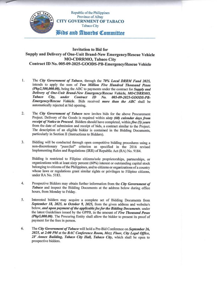 Invitation to Bid for Supply and Delivery of One-Unit Brand-New Emergency/Rescue Vehicle MO-CDRRMO, Tabaco City Contract ID No. 005-09-2025-GOODS-PB-Emergency/Rescue Vehicle