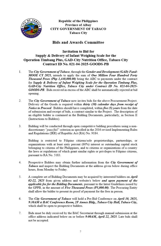 Invitation to Bid for Supply & Delivery of Infant Weighing Scale for the Operation Timbang Plus, GAD-City Nutrition Office, Tabaco City Contract ID No. 021-04-2025-GOODS-PB