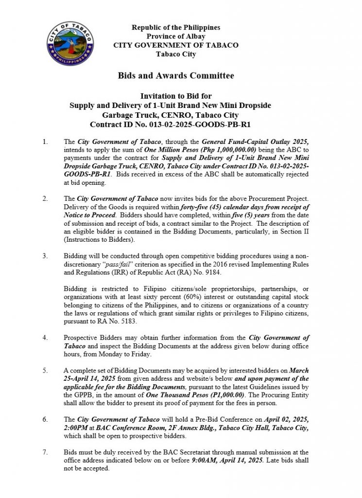 Invitation to Bid for Supply and Delivery of 1-Unit Brand New Mini Dropside Garbage Truck, CENRO, Tabaco City Contract ID No. 013-02-2025-GOODS-PB-R1
