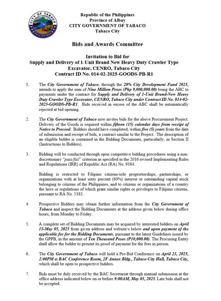 Invitation to Bid for Supply and Delivery of 1-Unit Brand New Heavy Duty Crawler Type Excavator, CENRO, Tabaco City Contract ID No. 014-02-2025-GOODS-PB-R1