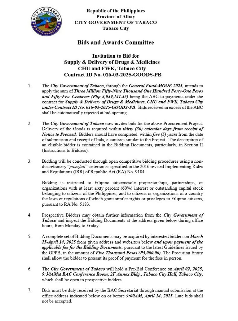 Invitation to Bid for Supply & Delivery of Drugs & Medicines CHU and FWK, Tabaco City Contract ID No. 016-03-2025-GOODS-PB