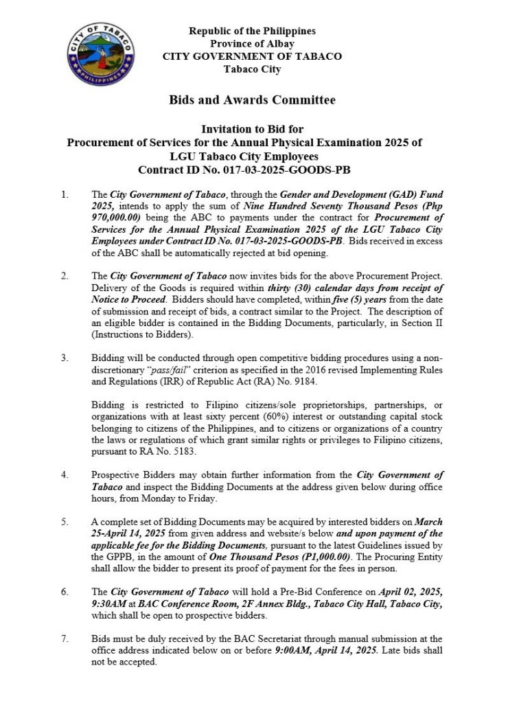 Invitation to Bid for Procurement of Services for the Annual Physical Examination 2025 of LGU Tabaco City Employees Contract ID No. 017-03-2025-GOODS-PB