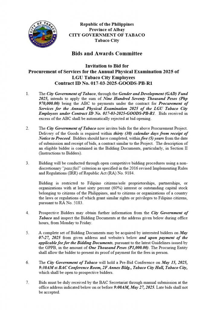 Invitation to Bid for Procurement of Services for the Annual Physical Examination 2025 of LGU Tabaco City Employees Contract ID No. 017-03-2025-GOODS-PB-R1