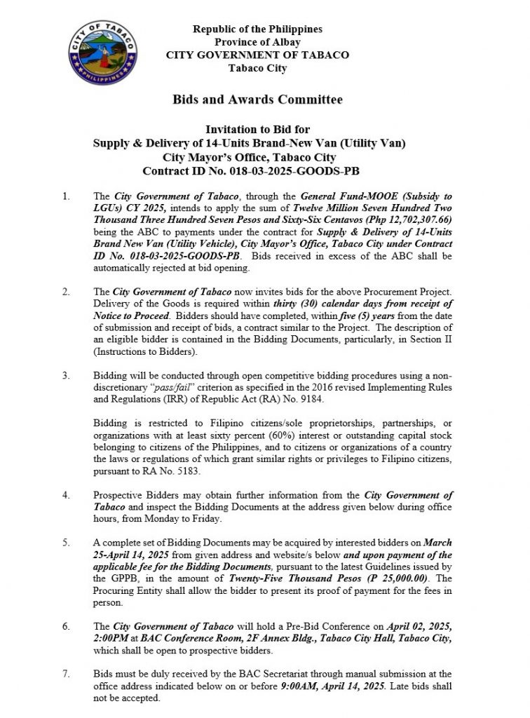 Invitation to Bid for Supply & Delivery of 14-Units Brand-New Van (Utility Van) City Mayor’s Office, Tabaco City Contract ID No. 018-03-2025-GOODS-PB