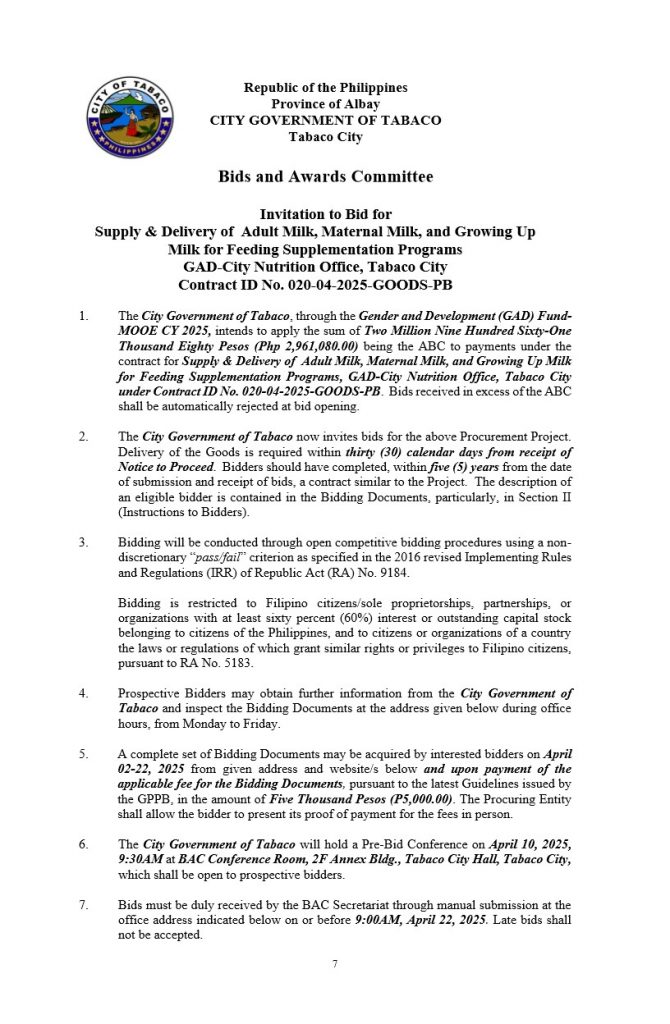 Invitation to Bid for Supply & Delivery of Adult Milk, Maternal Milk, and Growing Up Milk for Feeding Supplementation Programs GAD-City Nutrition Office, Tabaco City Contract ID No. 020-04-2025-GOODS-PB