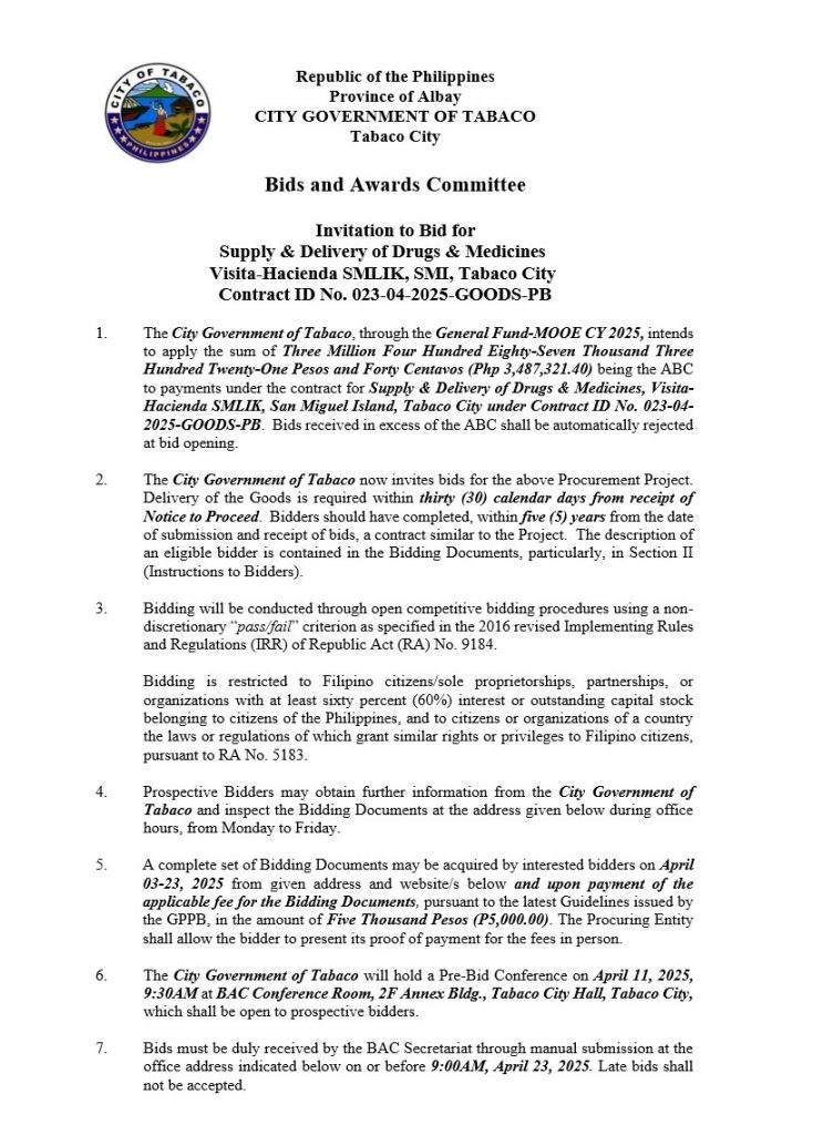 Invitation to Bid for Supply & Delivery of Drugs & Medicines Visita-Hacienda SMLIK, SMI, Tabaco City Contract ID No. 023-04-2025-GOODS-PB