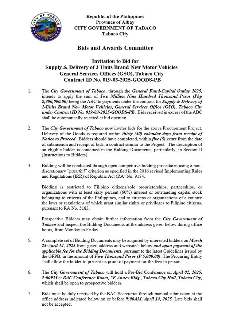 Invitation to Bid for Supply & Delivery of 2-Units Brand-New Motor Vehicles General Services Offices (GSO), Tabaco City Contract ID No. 019-03-2025-GOODS-PB