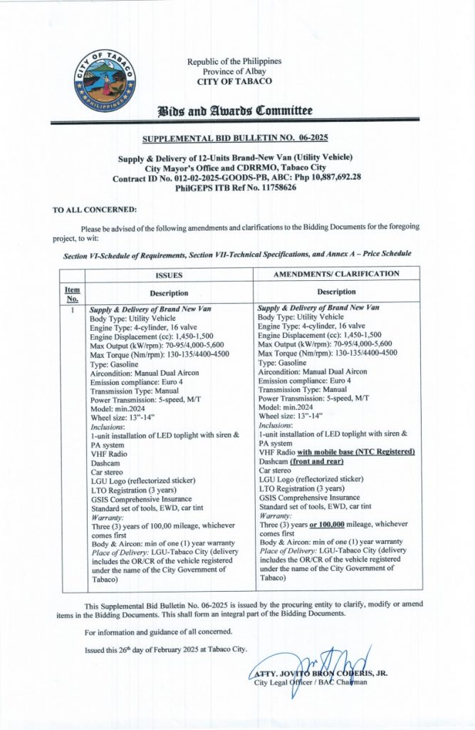 SUPPLEMENTAL BID BULLETIN NO. 06-2025: Supply & Delivery of 12-Units Brand-New Van (Utility Vehicle), City Mayor’s Office and CDRRMO, Tabaco City, Contract ID No. 012-02-2025-GOODS-PB