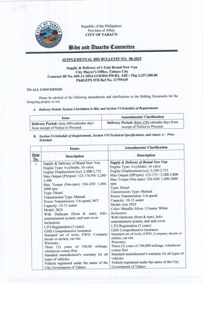 SUPPLEMENTAL BID BULLETIN NO. 08-2025: Supply & Delivery of 1-Unit Brand-New Van, City Mayor’s Office, Tabaco City, Contract ID No. 049-11-2024-GOODS-PB-R2