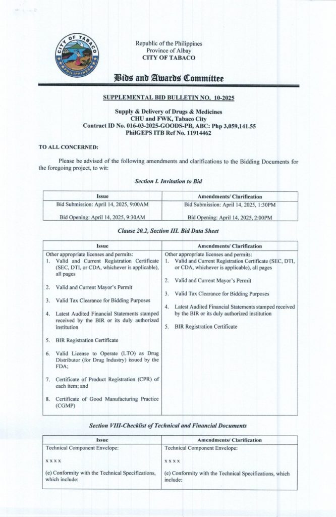 SUPPLEMENTAL BID BULLETIN NO. 10-2025 Supply & Delivery of Drugs & Medicines CHU & FWK, Tabaco City Contract ID No. 016-03-2025-GOODS-PB