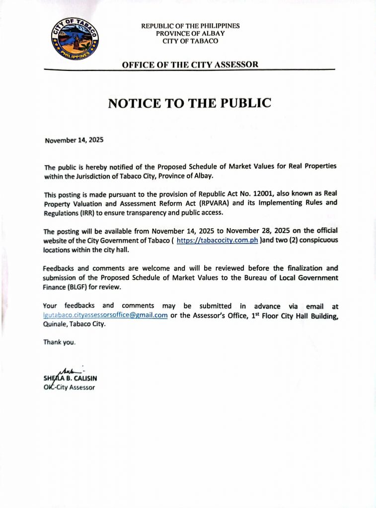 PUBLIC CONSULTATION ON THE PROPOSED SCHEDULE OF MARKET VALUES (SMV) OF TABACO CITY