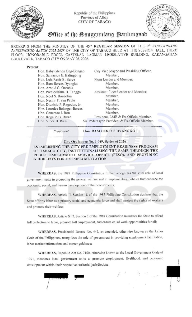 𝗕𝗔𝗚𝗢𝗡𝗚 𝗢𝗥𝗗𝗜𝗡𝗔𝗡𝗦𝗔 𝗦𝗔 𝗧𝗔𝗕𝗔𝗖𝗢 𝗖𝗜𝗧𝗬: 𝗔𝗟𝗔𝗠𝗜𝗡 𝗔𝗡𝗚 𝗠𝗚𝗔 𝗗𝗘𝗧𝗔𝗟𝗬𝗘